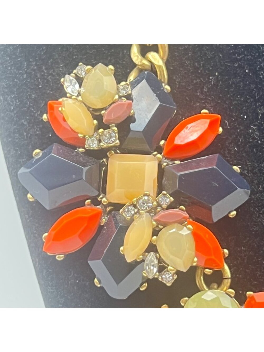J Crew Statement Necklace Orange Black Yellow Floral Design 15+3" Gold Tone - Picture 11 of 11